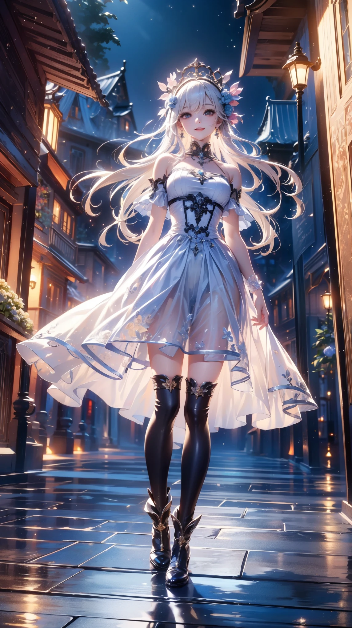 ( very detailed目, very detailed顔), ( realistic にสุดๆ, high resolution ), ( Top Quality :1.4), ( Top Quality ), portrait, 5, Midea, 1 girl ,score_9, score_8_ up, score_7_ up, score_6_ up, score_5_ up, score_4_ up, realistic skin texture that lasts deep into the middle of the night 、 Deep Night , RAW photos , ( realistic に, realistic :1.37), very detailed, Pro Pictures , (masterpiece:1.3, Top Quality , s uper high resolution, Ultramore ), ( realistic , photo realistic :1.4), beautiful illustrations , perfect lighting, anime style .( masterpiece : 1.2), ( very detailed: 1.2), ( very detailed CG: 1.2), ( high image quality : 1.2), (最 high image quality ), 8k, animated illustration , 、 beautiful girl 、とても cute天使、 gothic dress 、 cute、、smile、 long skirt、 Black Long Boots 、 Turquoise Eye, cute女性 ,street, Candy Store , sign,European Buildings,slate paved ,Rose flower,