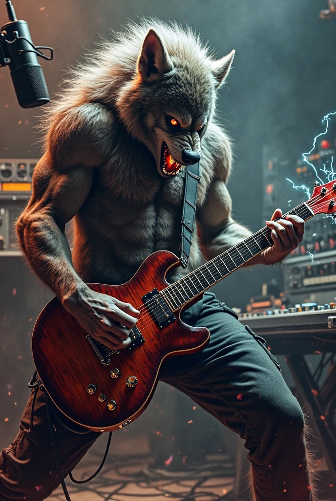 ("Best quality") High-definition Masterpiece, meticulously designed artistic rendering, Lobo character portrayed in a powerful, dramatic concert pose with a guitar against a chaotic backdrop of a flaming stage. Radiating ("hardcore") raw energy and intensity, the electrifying atmosphere is accentuated by the dynamic interplay of light, shadow, and pyrotechnic effects, immersing the spectator in a captivating and awe-inspiring rock show experience.