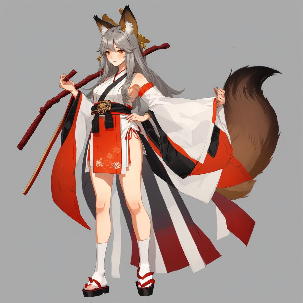 masterpiece, best quality, (rating_9, rating_8_up, rating_7_up), 1girl, solo, vajradef, woman, small breasts, dog tail, black pantyhose, hair ornament, japanese clothes, bare shoulders, detached sleeves, wide sleeves, white pelvic curtain, small breasts, standing, hands on hips, serious, neutral, looking at viewer, upper body, cowboy shot, white background, simple background, 