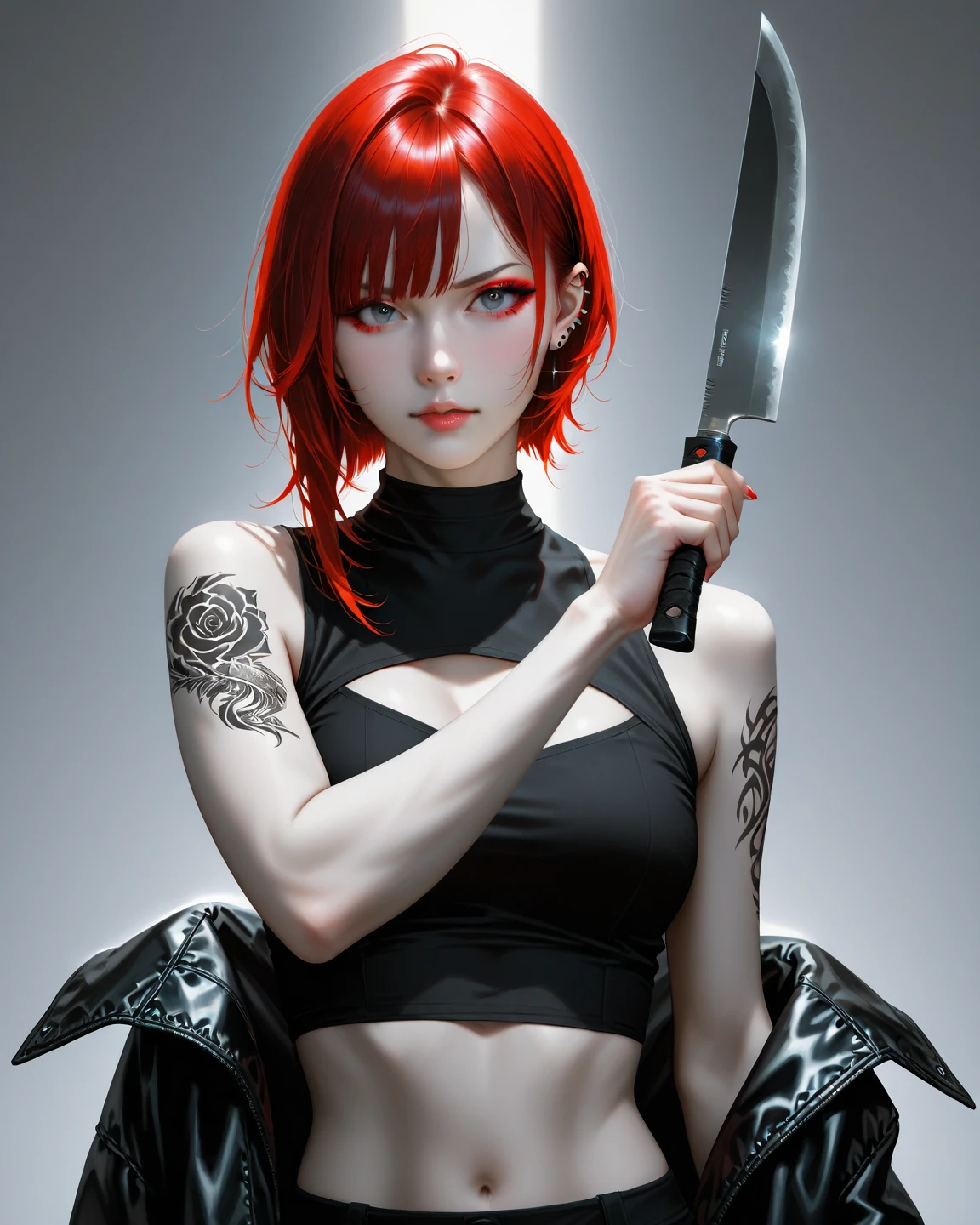 A full-body goth woman in velvet gloves in a black mini dress with red hair and tattoos on a surreal background.