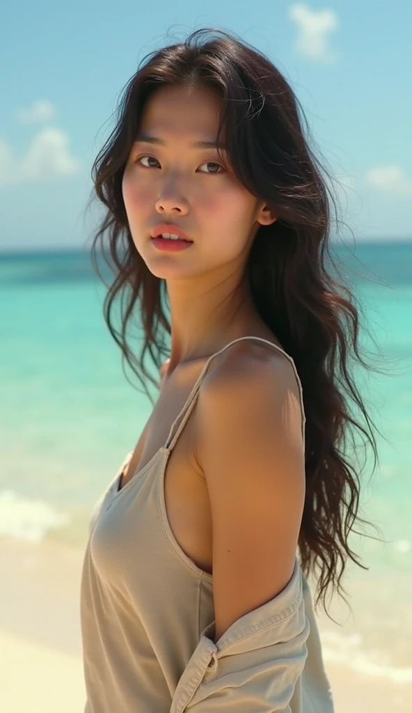 (RAW Photos、Photorealistic:1.4)、8k、Highest quality、masterpiece、Ultra-high resolution)、(Perfect dynamic composition:1.2)、(Highly detailed skin and facial textures:1.2)、Ample breasts、Voluptuous bust、Brown Hair、Medium-long hair、Wavy Hair、A fifty-something woman wearing a grey top posing on the beach、Mature Woman、Beautiful Japanese model、Very beautiful arafifty woman、Attractive girl、ゴージャスな日本人のMature Woman、Beautiful body and face、Perfect face and body、Gorgeous beautiful woman、Very beautiful woman、黒い目をしたセクシーなMature Woman、Very beautiful model、Gorgeous Woman、Beautiful Woman Photos