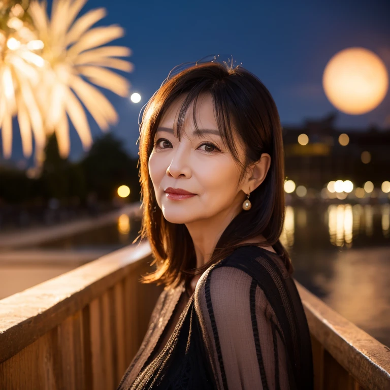 "A 40-year-old Japanese woman, strikingly beautiful and slender with an A-cup bust, stands watching a summer fireworks display. She wears a tailored suit over a camisole, blending elegance with subtle professionalism. Her very short hair frames her refined features, giving her a modern, sophisticated look. The vibrant colors of the fireworks reflect in her eyes as she gazes up, her poised presence exuding both grace and quiet awe amidst the festive atmosphere."