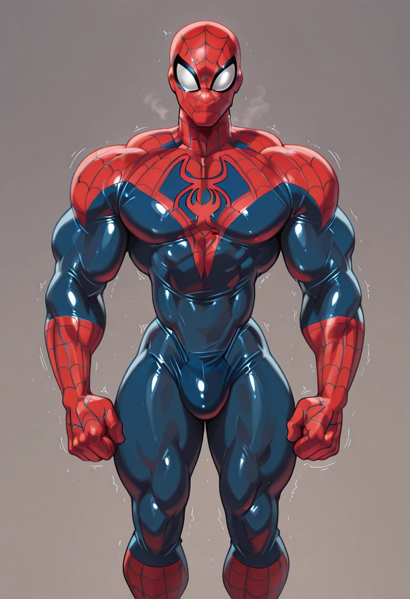 Spider-man massive muscular bodybuilder with extraordinary biceps pectorals triceps traps, plump, Gigachad, White costume with red cobwebs ((Suit White and Red)) bulge in the crotch. A teen 15 years old innocent face (Mexican ethnicity) tan skin.