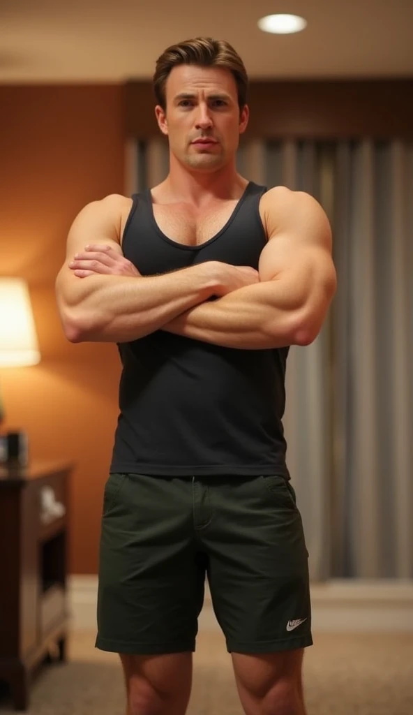 Masterpiece, denoise, void noise, one man, best quality, 8k resolution, male focus, focus only, amazing composition, volumetric lighting, super quality, elegant, Very detailed, -----------, muscular, ((((pale skin)))), ((((((Caucasian man)))))), very handsome, (detailed light-blue eyes), ((brown hair, messy hair)), (hairy), full beard, ------------, ((((black_shorts)))), ((((tank top pulled up)))), (((detailed hands))), ((((hand on chest)))), (((looking at viewer))), ((())), 