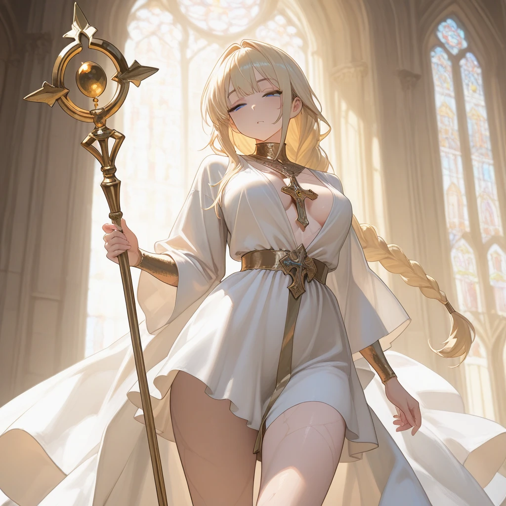pointy ears，Long beige hair，one-girl，Bigboobs，fox ear，Two legs，White knee-length stockings，Star decoration，（middle parted hairstyle），The hair of the sideburns grows to the chest，hair straight，Lace，No shoes on，lewd nun，cathedral interior，Tall stained windows，statues，Statue of Jesus，Stand up，The Holy Light descends，Stars hang lights，Stars surround you