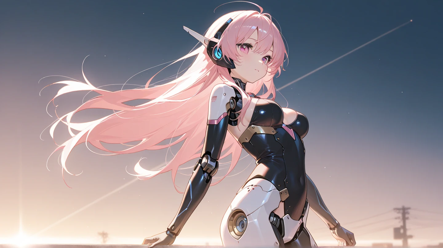 ((masutepiece, Highest Quality)), Detailed face, Beautiful face, full body Esbian, full of details, Highly detailed, Depth, Beautiful girl with Pink hair,Disheveled hair,long Pink hair,morbid,white pupil,legs are very thin,legs are long, Blue eyelashes, masterpiece, 1girl in ((20yr old, Futuristic mecha armor exposes belly button, medium breasts, Naked, Flirting sci-fi battlefield, from behind, Bat Cup, Looking back, hawken, Smile, Open mouth, Long hair, (Pink hair, Deep Blue Eyes:1.2), Sparkling eyes, Cute face, kawaii, Large breasts, Delicate hair, disheveled hair, (((floating))、Blue sky, white clouds), Shiny hair, Shiny skin, (It expanded to the left and right so that it protruded from the screen.、Symmetrical winethallic colored mechanical wing, Headgear), Futuristic and energetic atmosphere), ((during night)) ((Low camera angle, Ground View)) Tall and tall,Thin, 8K, ultla realistic, offcial art,