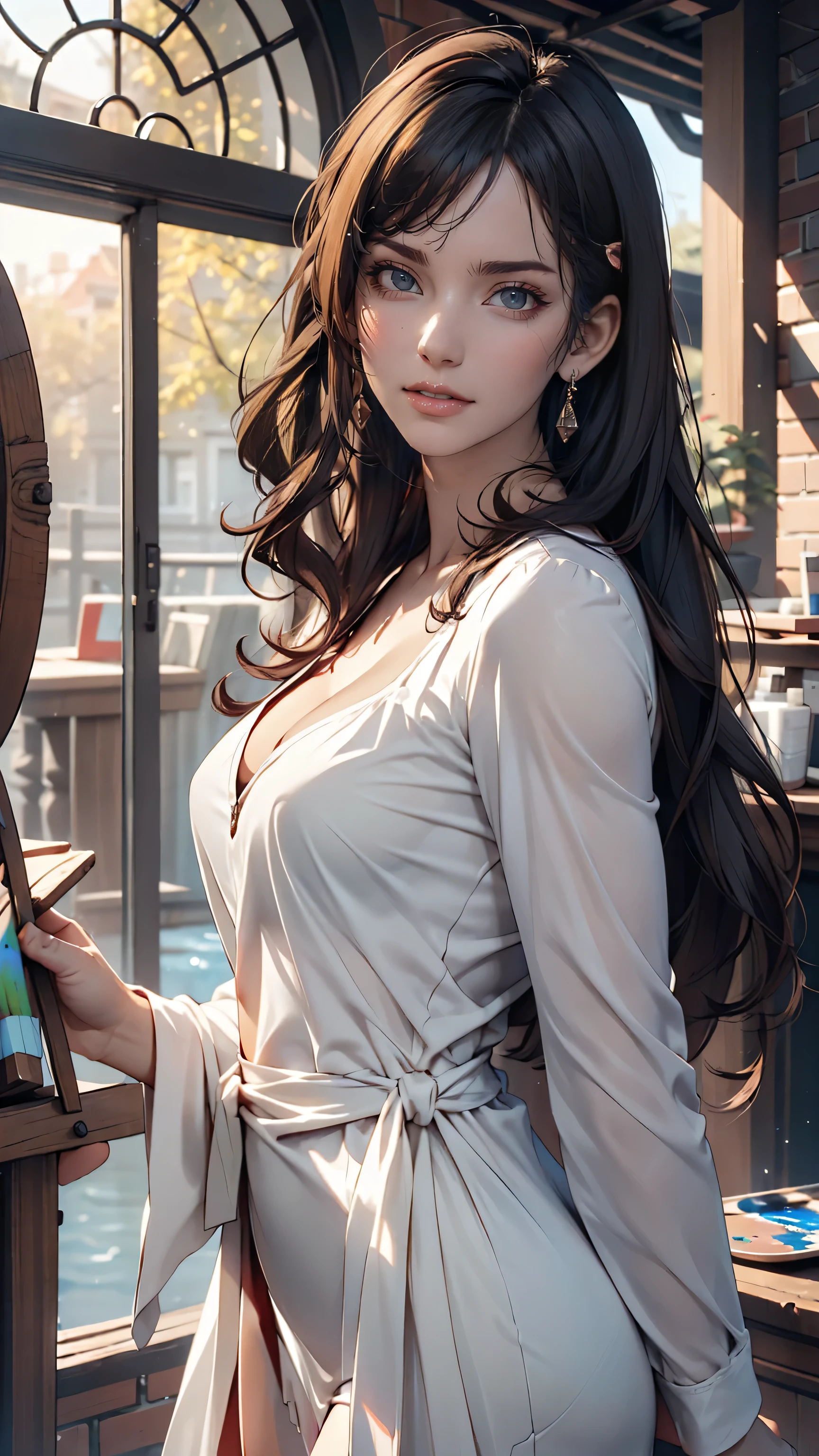 photostands downtown during realistic, Lip Gloss, painting, stands downtown during realistic, Highest Quality, Ultra High Resolution, depth, in soft colors, Natural shadow , Focus on the face, Face only, view your audience, long hair, Hair accessories, brunette, brown , detailed eyes, dress