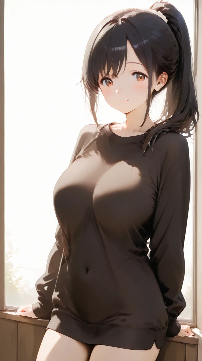 1girl, underwear, lingerie, tight shirt, big chest, reaching at the top of a cupboard, shiny skin