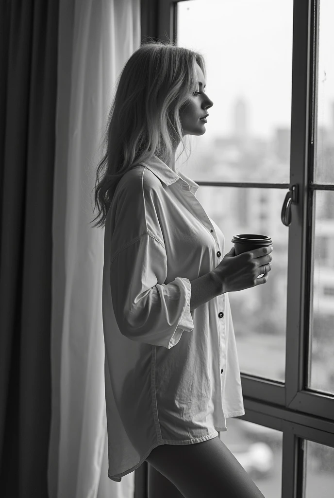 The image captures a serene and sophisticated moment of a woman enjoying a cup of coffee in bed. She is depicted in a relaxed yet elegant pose, partially dressed in an unbuttoned white shirt that drapes softly around her. Her long platinum blonde hair flows gently across her shoulders, enhancing her graceful demeanor. She is attentively looking at her coffee cup, lost in a moment of tranquility. The scene is complemented by a newspaper spread out beside her, suggesting a quiet morning filled with leisure and reflection. The photograph is rendered in black and white, which adds a timeless quality to this intimate snapshot of everyday elegance