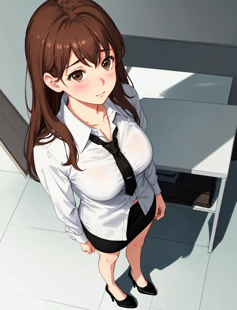 (1) Businesswoman wearing a skirt suit. (The skirt has a center slit.)
(2) The inner layer of the suit is a frilled shirt with one button undone from the top..
(3) Her eyebrows are angry because she is arguing loudly and passionately.
(4) long brown hair.
(5) The place is a beautiful meeting room..
