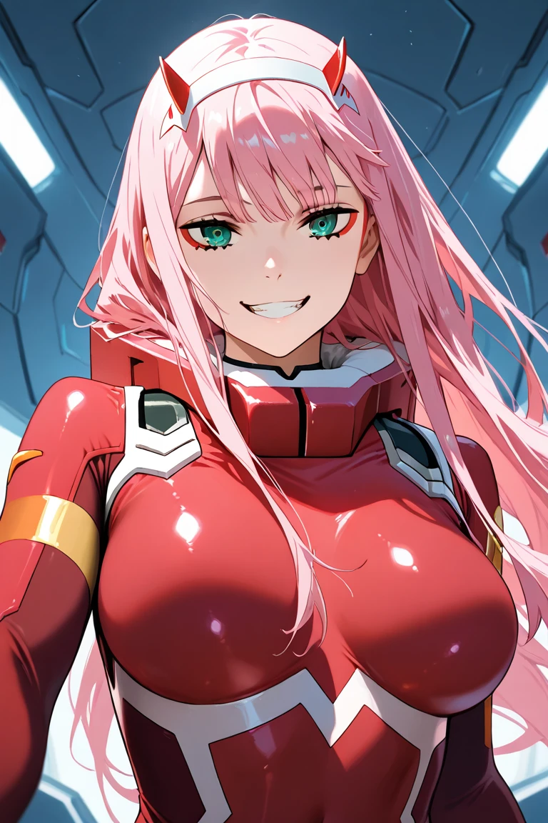 Scire_9, score_9_up, score_8_up, score_7_up, source_anime, eye catching, zero two, (green eyes:1.5), hairband, horns, long hair, pink hair, red horns, white hairband, 1girl, bangs, biting, blush, covered navel, eyeshadow, green eyes, hair behind head, hand on hip, horns, smile, long hair, looking at viewer, makeup, medium breasts, pilot suit, red suit, pink hair, red eyeshadow, science fiction, skin tight, solo