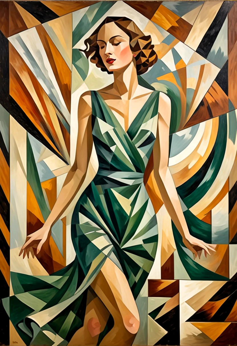 1920's angular woman in green dress cubist dark cinematic portrait geometric art deco painting