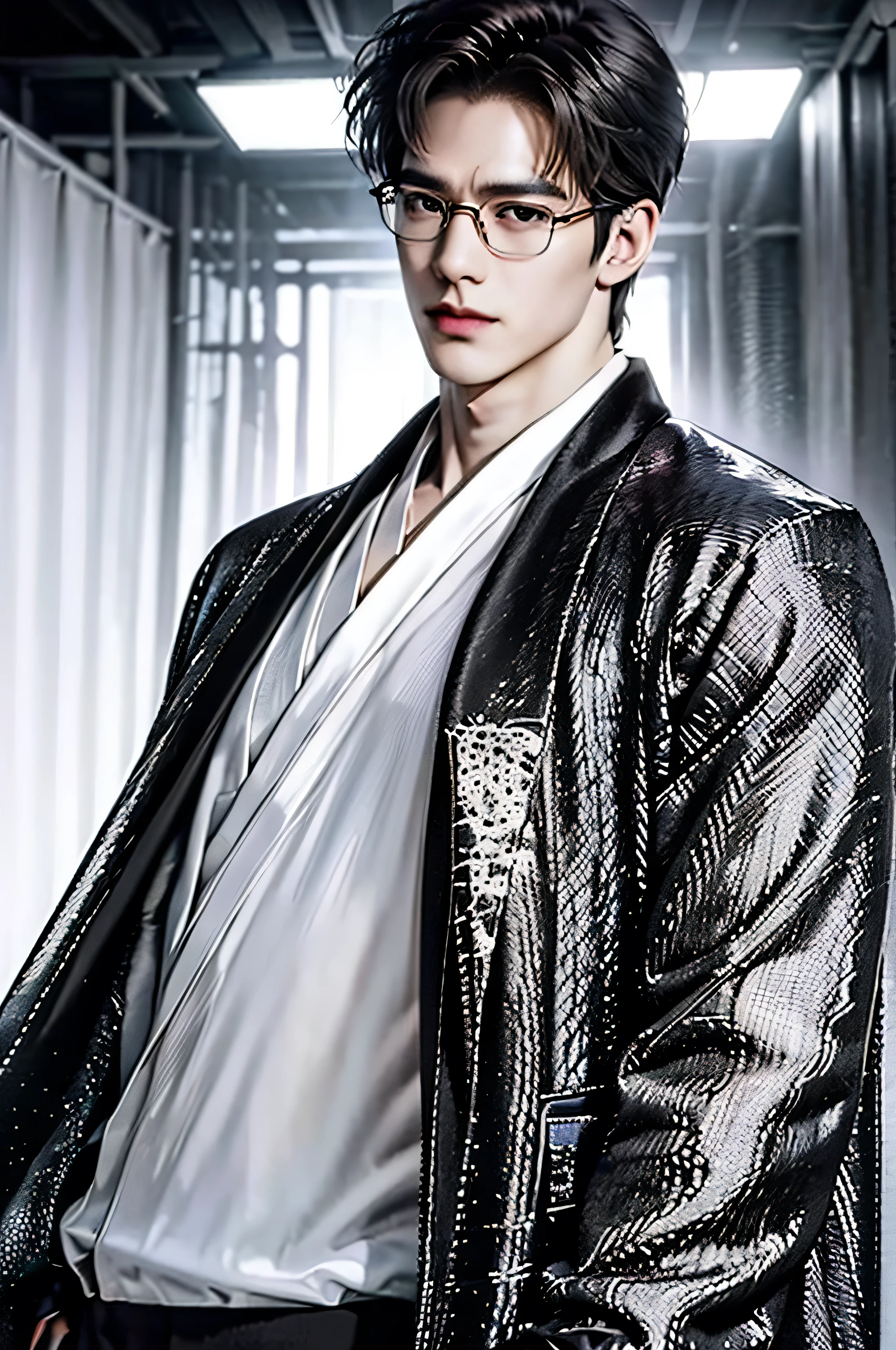 city night view, ((full body Shot)), 25 year old Naruto is a true masterpiece with masculine beauty, perfect anatomy. charming attractive eyes, Perfect lines, 8K quality, black hair, ((wearing gray shirt and black trench coat)), wearing a black tie, short hair, cinematic lighting, intricately detailed, white tetradic color, volumetric lighting, sad looking, looking into the distance away from viewer, wearing thin silver glasses