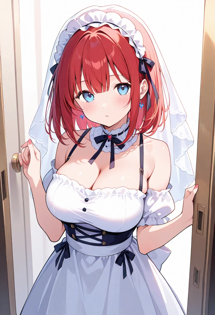 yotsubanakano, <lora:yotsubanakanotest:1>, yotsuba nakano, bangs, short hair, blue eyes, hair between eyes, hair ribbon, hairband, orange hair, green ribbon,
BREAK gloves, dress, cleavage, bare shoulders, collarbone, elbow gloves, white gloves, white dress, strapless, tiara, veil, strapless dress, wedding dress, bridal veil,
BREAK indoors, church,
BREAK looking at viewer, BREAK <lora:GoodHands-vanilla:1>, (masterpiece:1.2), best quality, high resolution, unity 8k wallpaper, (illustration:0.8), (beautiful detailed eyes:1.6), extremely detailed face, perfect lighting, extremely detailed CG, (perfect hands, perfect anatomy),