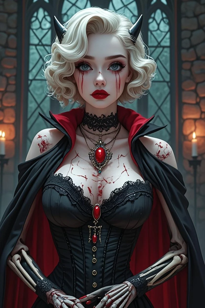 a  picture of extremely (beautiful (1) female vampire: 1.4) looking at (red MasterChef style cake: 1.5), an exquisite (1) beautiful vampire, full body, ultra feminineת (ultra detailed face: 1.2), blond hair, short hair, pale skin, red lips, blue eyes, (vampiric fangs: 1.2) wearing sexy white seductive latex dress, blood stains on the dress, looking at a red Bakeoff, award winning cake, 2 floors, decorated with red whipped cream, and artful stylish decorations, blood dripping from the cake, dark castle style kitchen background, dim candles light, dark fantasy art, gothic art, dynamic angle, best details, best quality, 16K, [ultra detailed], masterpiece, best quality, (ultra detailed), full body, ultra wide shot, photorealistic,