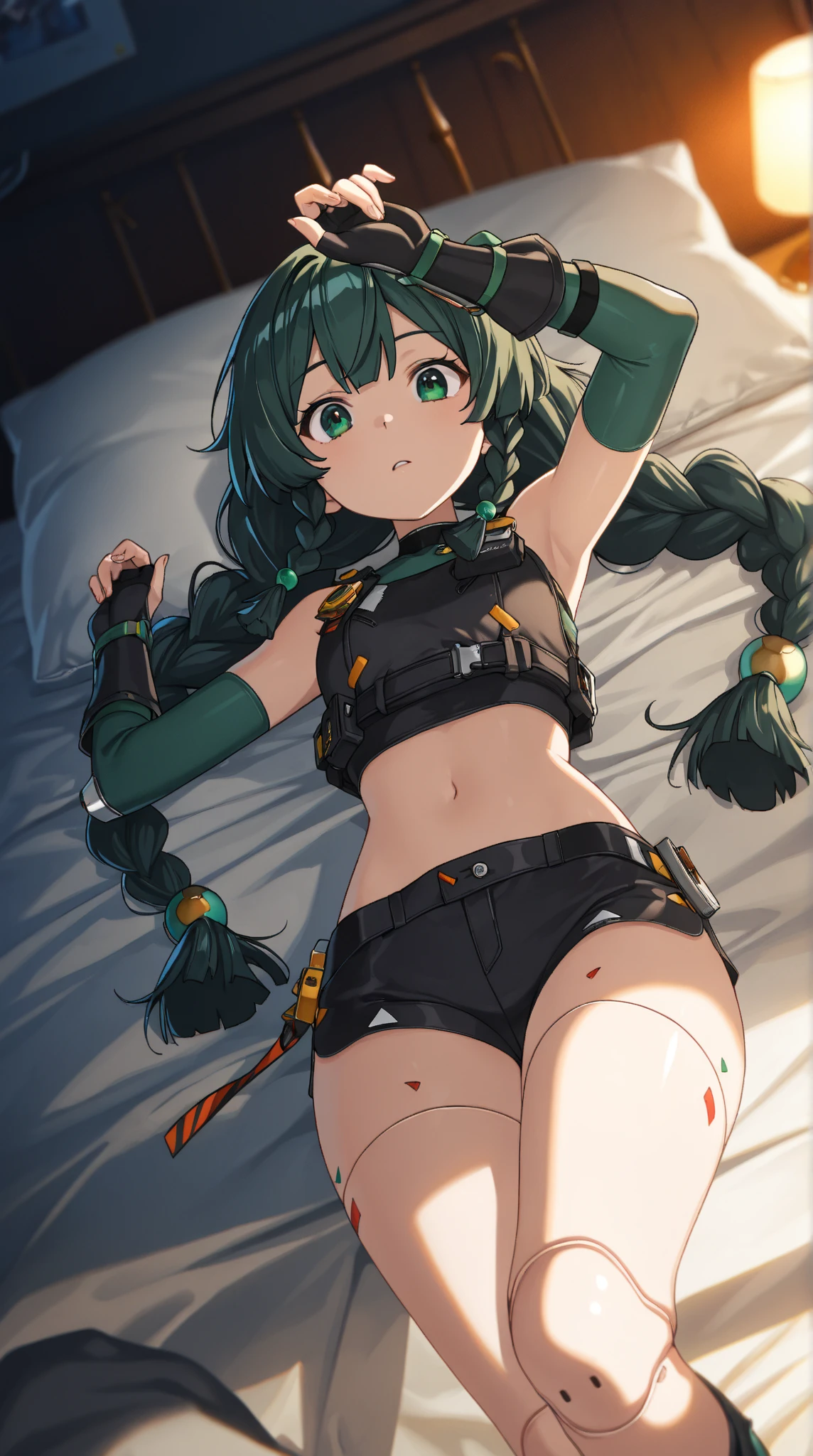 NSFW,Chinon 1,Fingerless gloves,hair ornaments,Hair Clip,Green knee socks,Thigh straps,Embarrassed,blush,(Perfect hands),(Perfect Anatomy),(masterpiece),(highest quality),Cyberpunk city,Love Hotel,bedroom,(Being sexually aroused:1.5),(Ecstasy face:1.7),Lying down,Lying on your back,Leg spread