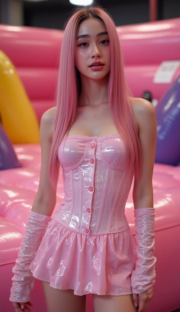 (Best Quality, Masterpiece: 1.1), (Reality: 1.4), 2 girls, long pink hair, curly hair, blue cute eyes, face, flaming red lips, oversized breasts, her hands covering her breasts, tight legs, long legs, sweaty body, shiny skin, seductive pose, in a pink subway car, perfect figure, age 26, seduction, pink tight translucent jumpsuit, pink one-piece stockings, pink one-piece stockings, pink horse oil stockings, shiny skin
