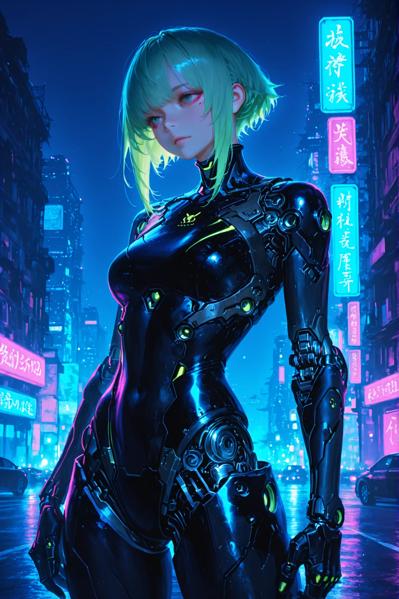 cyborg girl with long green hair,rides a black sports bike through the streets of Tokyo at night, Cyborg costume,fantastic cyberpunk landscape,night atmosphere,neon lights,high detail,realistic rendering,photorealistic text,4K,HDR,professionally made illustration, black bike