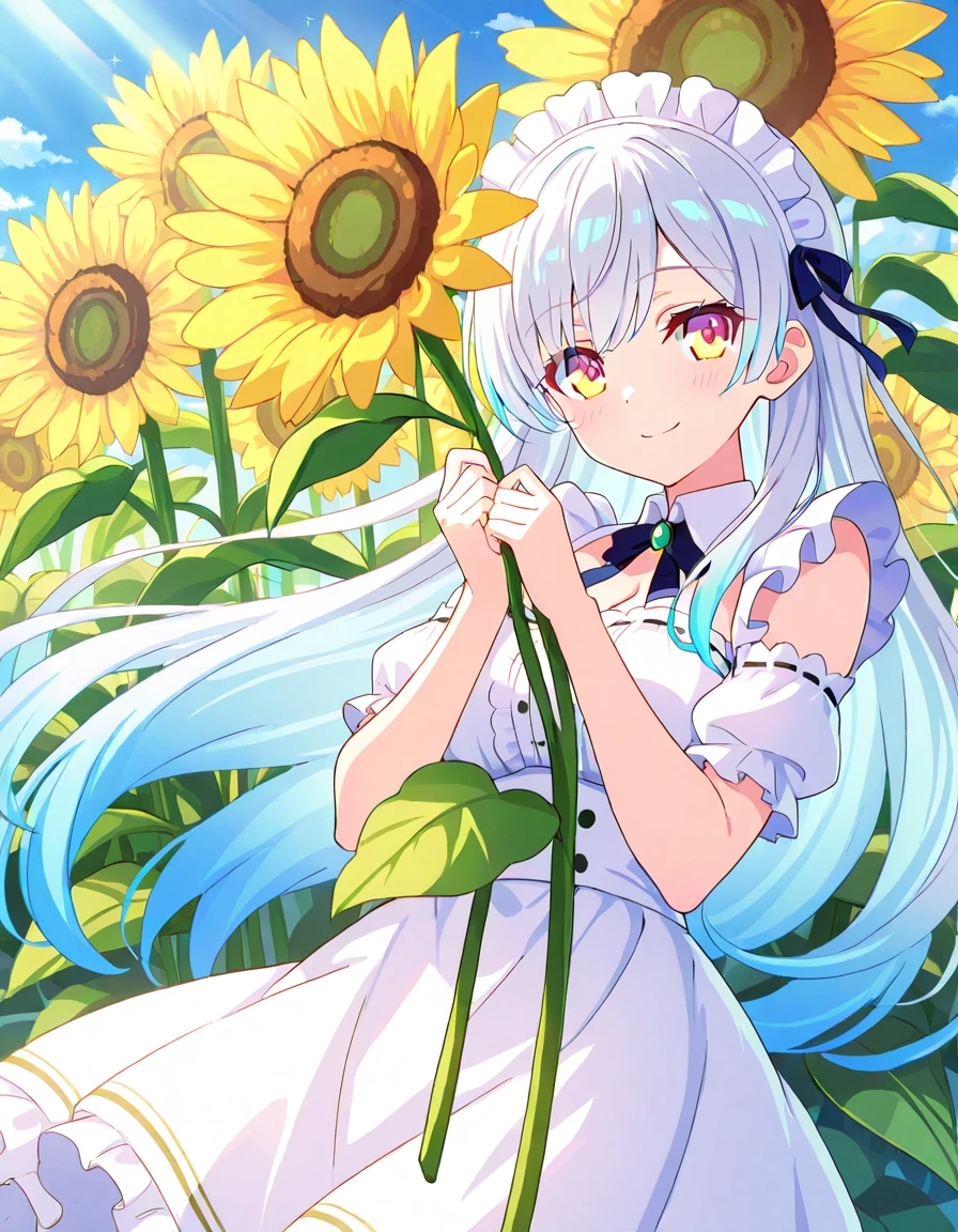 masterpiece, best quality,<lora:MikaPikaZoXL_ANI31_lokr_V4302:0.95> 1girl, solo, dress, flower, smile, holding, white dress, long hair, looking at viewer, holding flower, signature, orange flower, floating hair, grin, arm behind back, ribbon, sleeveless, blue background, multicolored eyes, bare shoulders, sleeveless dress, yellow flower, wind, hand up, teeth, cowboy shot, frills, blue sky, white hair, blue eyes, blue hair, sky