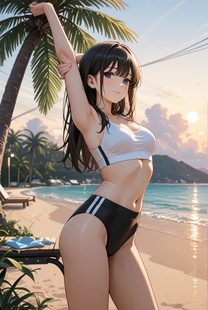 K, top-quality, masterpiece: 1.2), (reallistic, Photorealistic: 1.2), A beautiful Thai girl with big breasts, Narrow waist, and slim thighs, Beautiful girl, barefoot(((beach volleyball player is jumping and attackingWears a skintight beach volleyball uniform. Detail: (Ultra-detailed: 1.3), Her long, dark hair flows freely in the wind, Her big breasts are proportionally placed, Her narrow waist accentuates her hourglass figure, Her slim thighs reveal her athletic leg muscles. (High resolution: 1.1), She proudly showcases her toned abs,