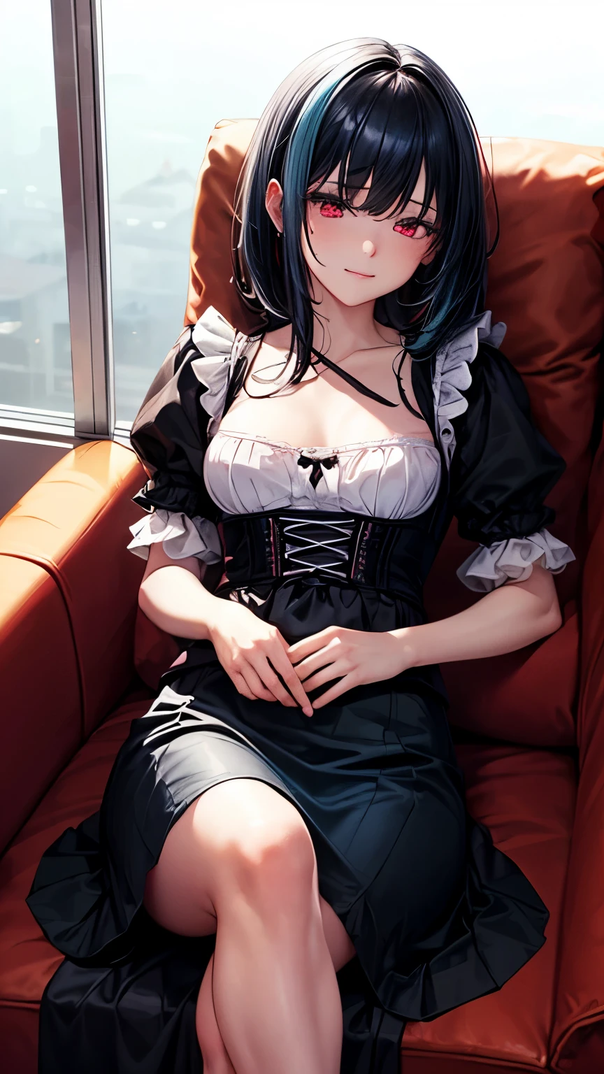 Russian girl, around 27 years old, gothic, emo, black hair, social clothes, neckline, lace bra, sensual look, blue eyes, short skirt, pantyhose, sitting in armchair, thin, big breasts, smiling lightly