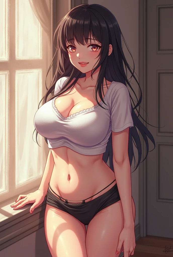 ( Ultra Masterpiece, Best quality ), Detailed Face, sharp eyes, beautiful eyes, (Absurdres), (Anime), (Skindentation), (Best shadow), ((Anime)), /(Tsundere face)/, /(Tsundere looks)/, (Perfect face)+, Huge breasts, Very curvy, (curly black hair), long hair, Beautiful hairstyle, (amber eyes), Full lips, ( angry face, frown, warm smile ), ((beautiful character design)), At home, ( Intricate Clothes ), BREAK, Professional photo, (Thick thighs), Big breasts, Ray tracing, (Perfect face)+, (sleeveless blouse: 1.2), (lightweight skirt: 1.2), medium breasts, (Soft skin), (healthy body), 1 Female, (bold and assertive pose), (Very sexy+, Gorgeous+, young and beautiful+), BREAK, ( Standing up, Facing the viewer, from below pov ), (Tsundere)+