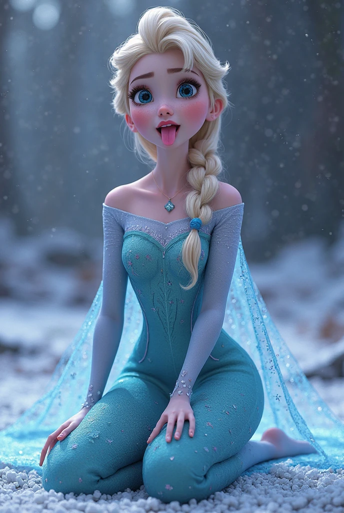 elsa the frozen, On knees, open legs, excited look sticking out tongue, mouth with saliva, taking out a lot of saliva, fishnet socks, big dress, eyes in heart, a hand on the face, showing breasts, Nipples, small breasts, bare breasts, showing panties, a hand masturbating, no panties, urinating in stream