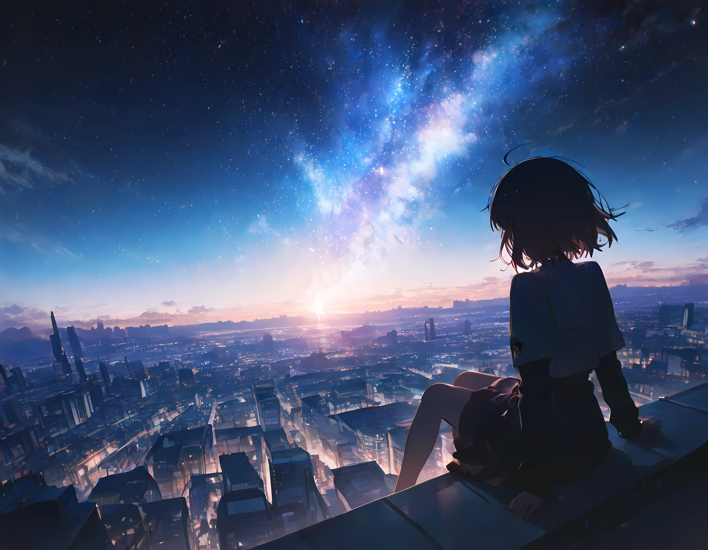 konya karasue,masterpiece,best quality,absurdres,very awa,highres,newest,year 2024,year 2023,rimukoro,shino \(yaruki nai yatsu\),lineart,kabu usagi,terada tera,
1girl,sitting,rooftop,cityscape,scenery,sky,space,star (sky),starry sky,solo,solo focus,