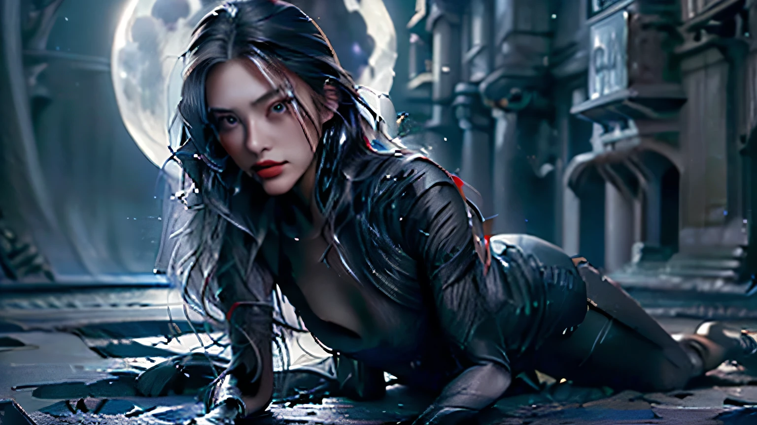 close up, Psylocke из Marvel Comics, Ghost, Dark, gotik, 3d, Ultra Detailed, blue transparent smoke around, realistic style, Old Night Pond, full - body,
