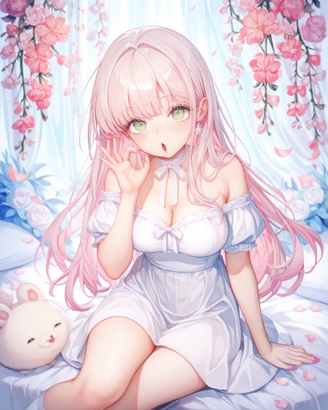 anime (🦊 fox ears, enchanting pink hair, lace nightgown, focused on ample bosom, ample bosom,  peeing self