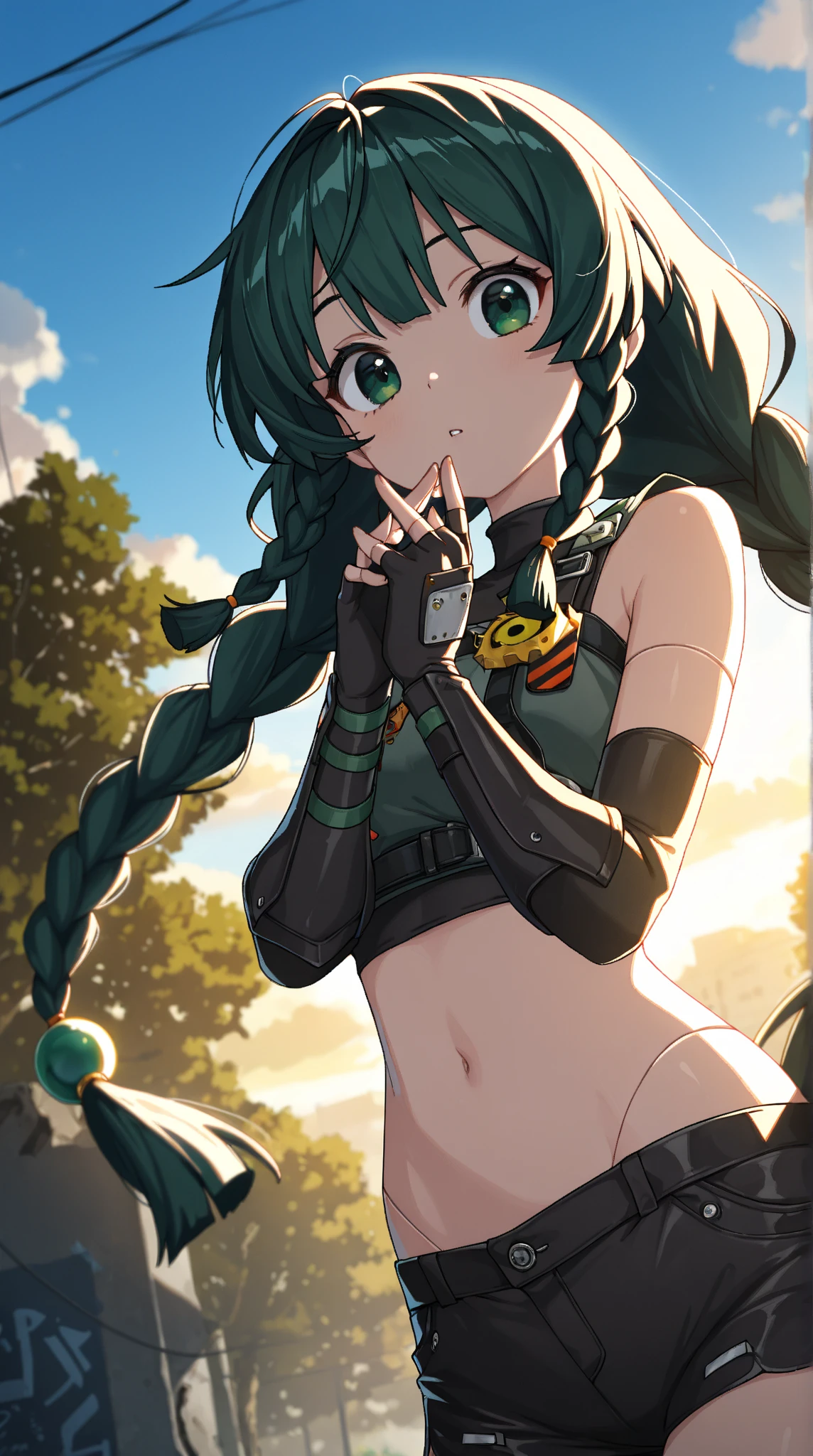 a sexy woman wear ninja , ninja outfit, on a tower, fog, soft light, (best quality), (masterpiece), slim, long legs, (flat chested), anime, (green hair), (view from above)
