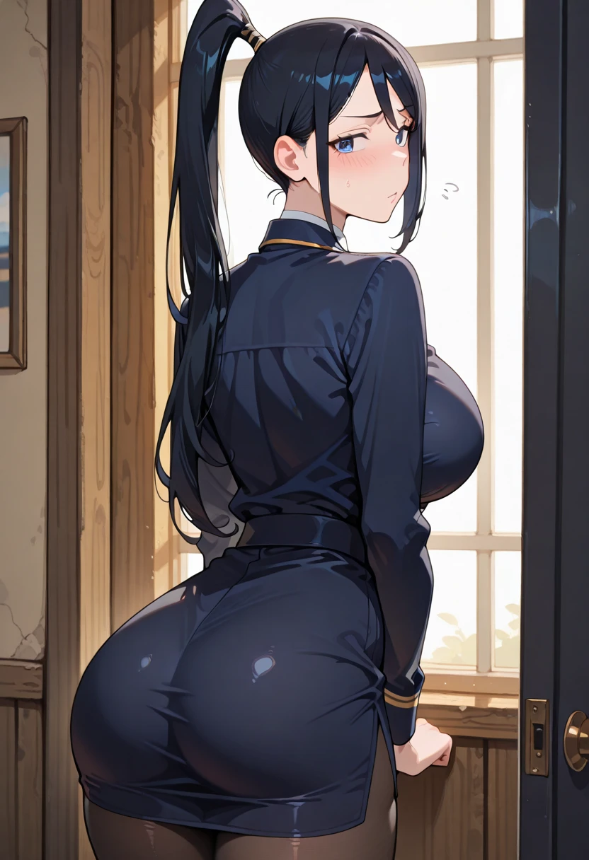 masterpiece, best quality, highly detailed, extremely detailed, 4k, 1girl, mature female, long hair, black hair, silky hair, thick thighs, thin waist, wide hips, curvy figure, cleavage, (((huge ass))), perfect ass, sexy ass, ass focus, ass view, acmm ls outfit, wearing acmm top, olive green acmm top, long sleeves, wearing acmm long sarong, olive green acmm long sarong, printed sarong, standing, slutty pose, cowboy pose, full body, in a town, morning, looking at viewer, from behind, smirk, sweating, <lora:acmmOutfit:0.75>, <lora:thicc_v2.3:1.25>