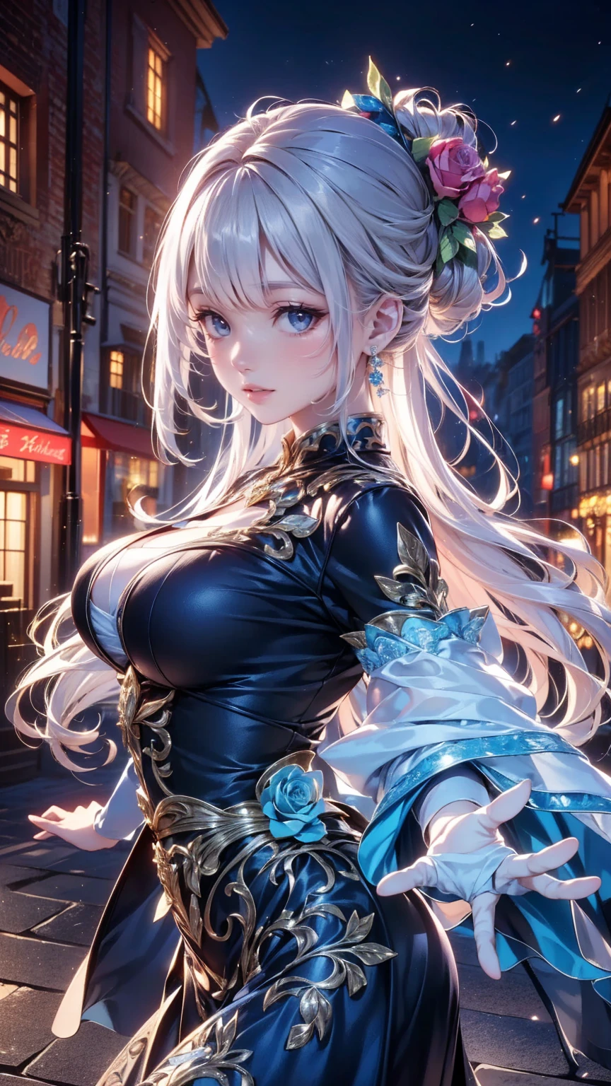 1 girl, (style: 1.5), Bangs, Lips, skirt, Long hair, blue eyes, High Thigh, Off-shoulder, style Chinese skirt, China costume, Lipstick, Practical, Rose, jewelry, earrings, curls, flower holding, Gloves, elbow Gloves, white Gloves, cosmetic, White thighs, white hair, flower, permanent,
