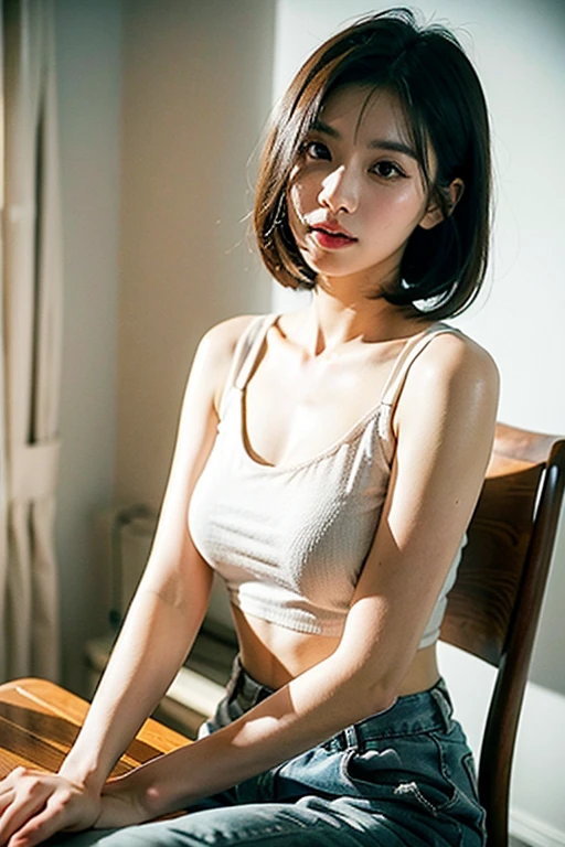 (Best quality, 8k, 32k, Masterpiece, UHD:1.2),Photo of Pretty Japanese woman, 1gril,black short hair,large breasts,(detailed white loose t-shirt:1.2),denim pants,necklace,(detailed blue lace bra:1.1),(leaning forward:1.8),looking at viewer,pov,looking down,across table,(hands on table:1.1),smile,in cafe,upper body, all fours