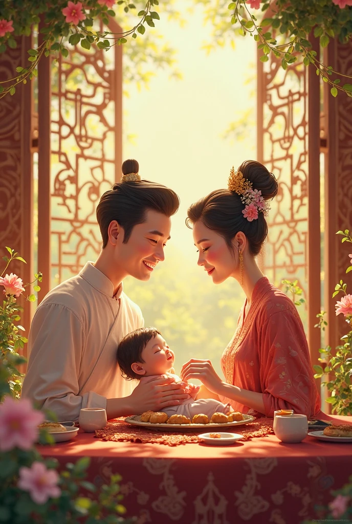 A handsome young man with good face and gentle face, wearing a white ancient chinese costumn, sitting on chair, hugging his Adorable chibi baby girl 1 year old, who is 1 year old , black hair, in a red chinese new year costumn, in the morning, there is sunlight shining in the front yard garden, smiling