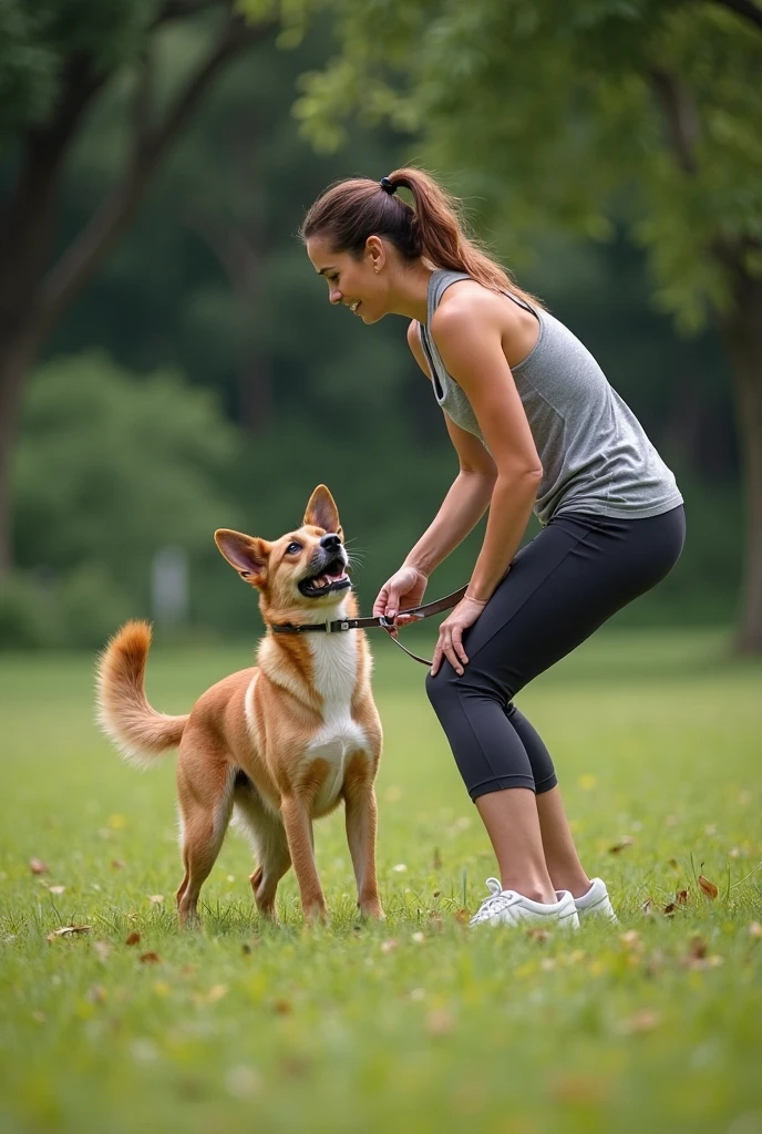 a woman training her dog