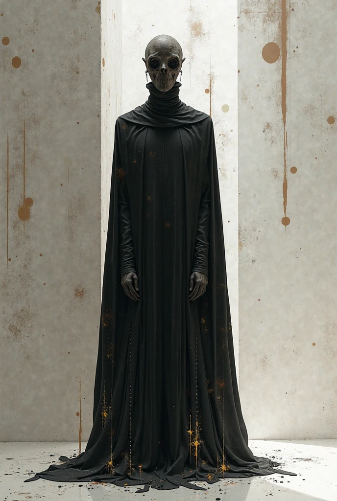 woman, black latex jilbab, black latex niqab, standing in hall, fear, gloves