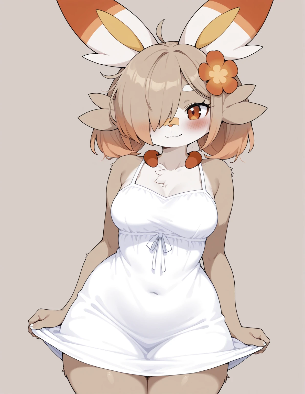 lying , (Mucha style:1.2) , hairy bunny Short stature mom , (realistic hairy bunny fur:1.2) , round Mumps face , (tilt face:1.2) , (half-open eyes:1.5) , moist round eyes , Swollen cheeks , Collarbone , Seduction smile , glossy lips , twilight flower garden , (vivid color Flowers covering:1.3) , wearing summer dress