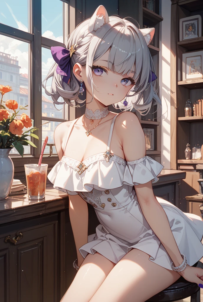 (A masterpiece of image quality in 8K),(Beautiful Allafed Woman),(((emphasizing breasts:1.3))),(Dynamic angles),(Dynamic and sexy bending pose:1.3),(sit a chair:1.3),(Short hair in shiny silver and orange inner colors,large full breasts,Disturbance of clothing due to movement,breast slip,(Ponytail twisted buns adorned with elaborate braids and beads,Braided Setup Fishbone Hair,),(see-through bangs),Huge breasts、(((A white lace apron that shows your bare skin from under your big breasts.......)))、Blush with embarrassment、Enraptured eyes、A smile that beguiles the viewer、(Look back:1.7)、Look into the photographer,skin glistening with sweat,gazing at viewer,,(Professional Lighting),(8K,masutepiece,top-quality,Ultra-high resolution output image,),(Ultra HD with complex detail image modes),depth of fields,Beautiful hands,Beautiful fingers,Detailed finger features,(Detailed hair features:1.7),detailed facial features,detailed clothes features,
