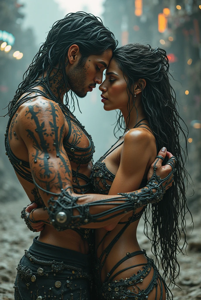 a stunningly intricate close up portrait of a romantic werewolf humanoid couple, in a dream action pose, with very long wild messy hair, blood splatter, ice and flames, in a mesmerizing beautiful dream like romantic exotic, passionate love making scene, (((luis royo and julie bell h.r giger inspired fantasy mythological god of war, underworld death shadow being))) representing a (((sinister maniacal insanity))) that defies human form, with advanced photorealistic techniques applied, hyper-detailed features that are both unsettling and alluring, dressed in advanced metallic armor that complements its otherworldly appeal, with advanced lighting and hdr support, advanced shading techniques employed for a truly lifelike depiction, advanced rendering techniques such as subpixel anti-aliasing and ray tracing supported, created in a style that transcends this world