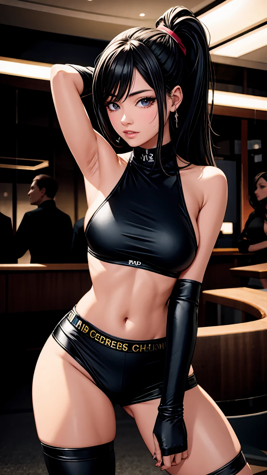 (Official art、Best Quality、Unity 8k Wallpapers、32K、 masterpiece、ultra-detailliert、超A high resolution、realisitic、Photorealsitic:1.2)、(natural soft light:1.2)、Fireglow effect、film grains、Best Shadows、Rim lighting、side lights、sideshot、(Ultra-detailed and complex 3D rendering)、Detailed beautiful face and eyes,25-year-old beauty、A dark-haired、short cut hair,black eyes,embarrassed look、Open your mouth small、Beautiful lips、 BREAK skinny,slender body、bunny girl outfit、Black Leotard、bare shoulders, detached sleeves,Raw feet、gleaming skin、Casino Hall
