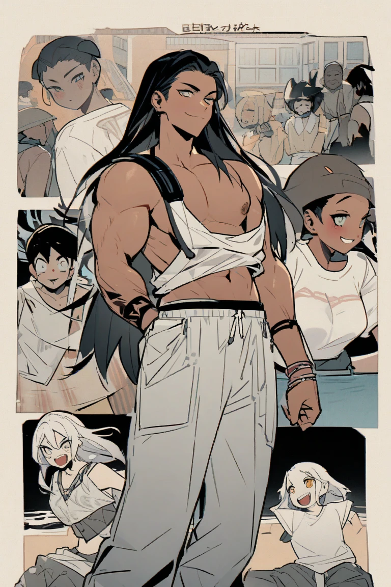 young slim man, perfectly trimmed beard, ((long hair in ninja cut with braids ,)) (((black hair color at the roots. with tattoos on both shoulders, chest and right leg,))) (((urban style clothing white shirt and a black one on top of the white one, ecko black denim pants, timberland boots in cream color, 1.65))) height. (rapper) (urbano style) (animated) ((style anime)) graffiti spirit secret art death painting 30% futuristic cibor, human ft futuristic robot, hero soldier, futuristic ninja rapper man.(((HD, 4k, real))) (8k) ULTRA DEFINED. mystical magic (whole body) full body skinny spirit of fire. what blue, standing body standing.