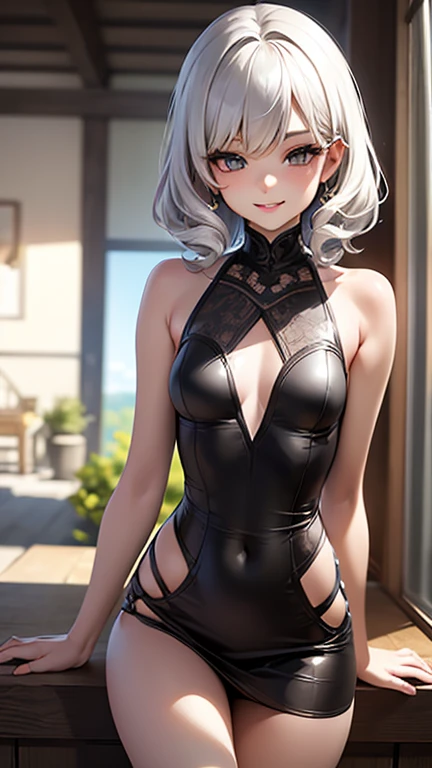 Highest quality、(Bunny girl)、tights、High heels、Glossy Bunny Suit、((Put on the floor))、((Put your face on the floor))、((Bend your elbows and place your hands on the floor))、((Attach your elbows to the floor))、Attach the chest to the floor、Place your knees on the floor、(Spread your knees wide from side to side)、Fold your arms in front of your face、No background、Silver short hair、Beautiful Eyes、Beautiful Face、Delicate eyes