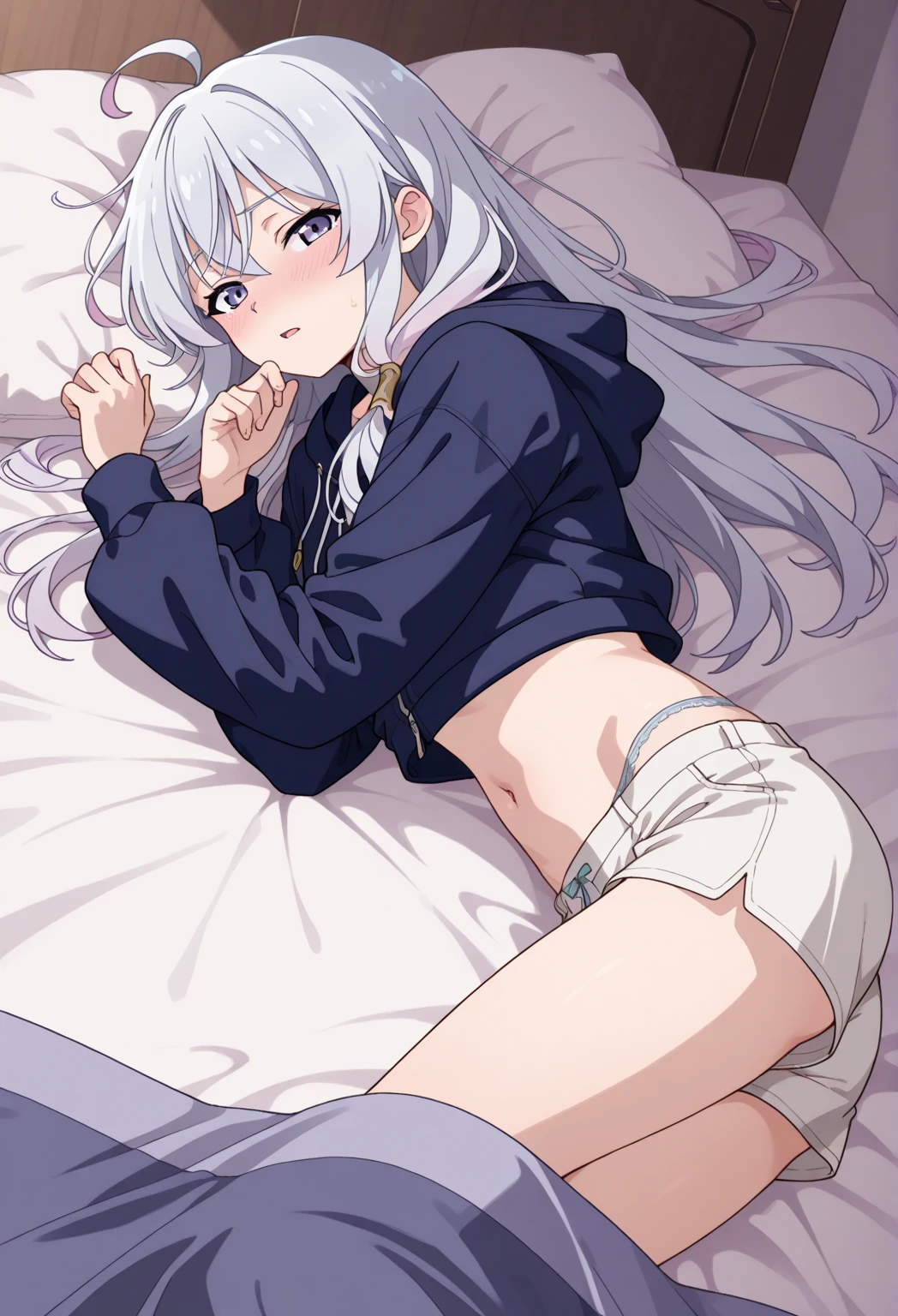 bed、Glasses、cute、Embarrassed face、Moe sleeves、white hair、White panties、Lying down、Crossing your legs、Low - Angle、hoodie、skirt、Lying on your back
