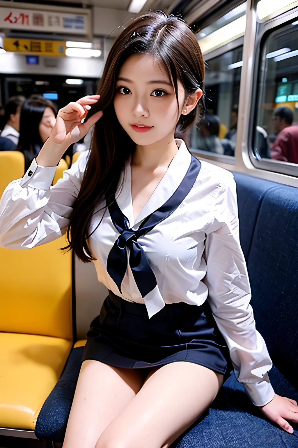 ((((((Mid-chest))))))、(((((Nipples are visible))))),(((Open the front of your blouse with both hands、Showing her nipples to me))),Japanese,23 years old,woman,Brown long straight hair,Detail face,Detail lips,Details,double eyelid,Wet body,perfect body,Trained abdominal muscles,Shiny skin,Highest quality,日本のwoman一人,diamond,Earrings,(((whole body,Includes legs)))、(((The perfect uniform of a Japanese stewardess, Blue striped tie, Best Dressed Uniform、Small hat, white formal Short gloves,(黒のHigh heels), ((Mini microphone in hand))),Bus Guide,日本のBus Guide、小さなsmile,White blouse,Tight blouse)))、(((Navy bowler hat),Navy hat)), White gloves, Short gloves, High heels、Dress up、(Photo realistic:1.4)、(Surreal:1.4)、(Realistic:1.3)、 (Gentle lighting: 1.05)、(Improve the lighting quality of your videos:0.9)、32k、 One girl、28歳のwoman、Photorealistic Lighting、Backlight、Facial Light、Ray-tracing、(bright:1.2)、(Improvement of quality:1.4)、 (Highest quality real texture skins)、Beautiful Eyes,Delicate and elegant features, Chest close-up, White blouse,Tight blouse,tight Best Dressed Uniform, (Improve your body line mood:1.1)、小さなsmile, (((Medium Bust,Beautiful breasts))),(Perfect teeth alignment),Dynamic pose,Sculpture Pose,Very beautiful night view、at night、smile,(((by bus))),Upper body close-up