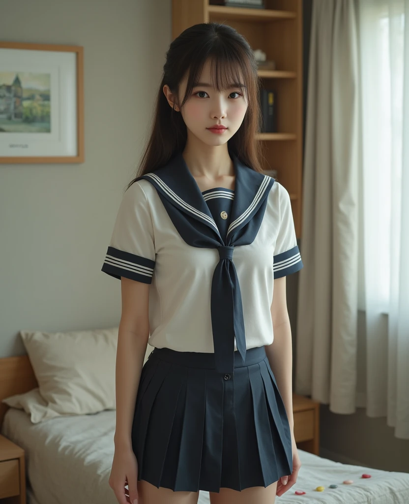 mix4, (16 K, Raw photography, Top image quality, masterpiece: 1.45), (realisitic, Photorealsitic: 1.37), one girls, 7.5, etc、Random hairstyle、Standing figure,Daytime、a very cute,countryside view,, profetional lighting, photon maping、physically-based renderingt, Gradient dark brown hair,Crisp backgrounds and high resolution, a handsome, Well-groomed and beautiful eyes、Large double eyelids、Very shiny、girl with, (((student clothes、Winter clothes、Sailor suit worn by Japan schoolgirl、Navy blue sailor color、scarf、a miniskirt, Small beret、high socks、lowfers))), Top Quality Photos, hight resolution, 1080p, (clearface), (Detailed face description), (Detailed hand description), (masterpiece), (Exquisite CG)、extreme light and shadows、dishevled hair、master work、abundant detail、(Fine facial features)、(top quality photo)、(masuter piece)、(A detailed eye)、Look in front of you、Fine clavicle、((Slender big))、(((Japan schoolgirl in sailor suit)))、((Idle system))、((country、train track、railroad crossing、Mountains in the distance々))、(((neat and cute)))、耳Nipple Ring、A big smile、Drawing the whole body from the knees、Do not draw nasolabial folds、(((Long sleeve sailor suit)))、(Big breasts that hang down big:1.2)、Big buttocks with tension、Two arms and two legs、(((from the front side:0.3)))、bare hand、No mask、No skin exposure