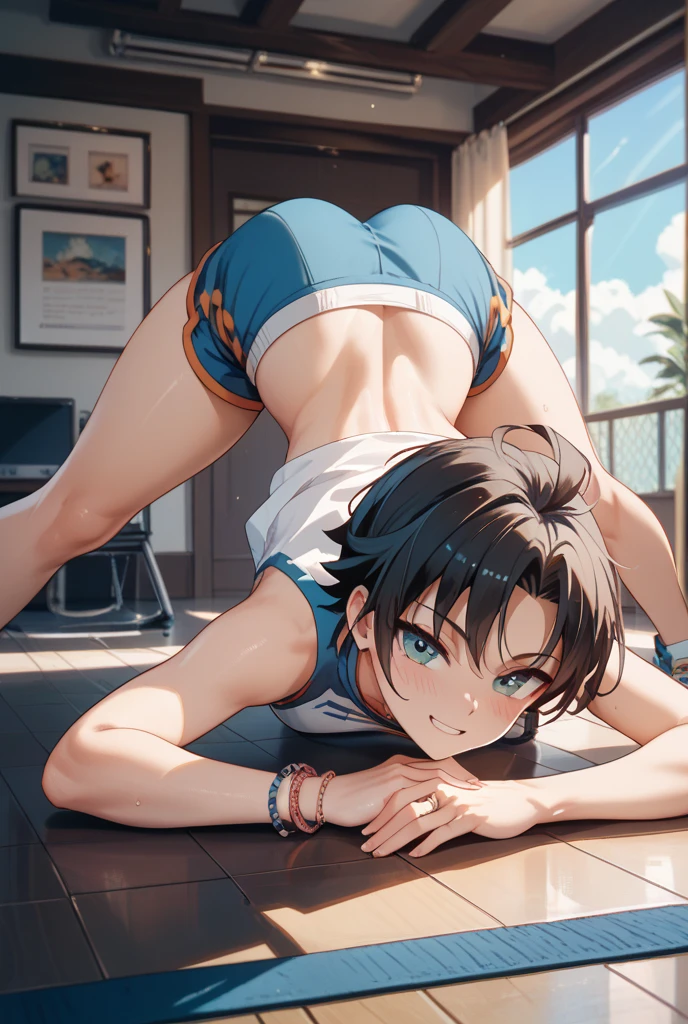 ((Highest quality)), ((masterpiece)), (be familiar with), Perfect Face, 1girl, from behind, full body, foot focus, ass focus, thicc, on all fours, hands on floor, standing on her head, (legs upwards), ((spread legs)), looking at viewer, track uniforms, thin thong, pussy juice,

