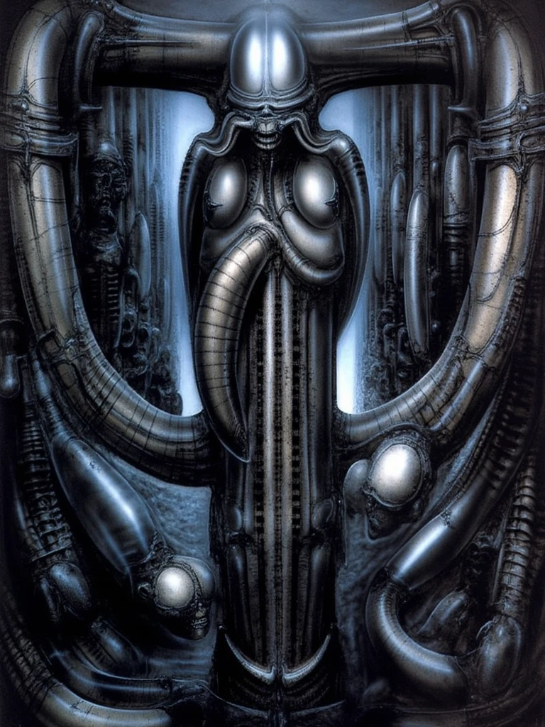 The image is a detailed view of H.R. Giger's biomechanical tableau \" Landscape XVI \" plate, featuring.
H r (Hans Rudie) giger's artwork depicts a robot with a humanoid shape, featuring a torso and two arms, standing against a backdrop of pipes and wires., tableau, big painting, masterpiece,HDR,UHD,uplight ,HRGigerArhP style,H.G. Giger Style, Biomechanics,lineart,
surrealistic painting of a monster with multiple tentacles and a body that looks like a brain, surrounded by a chaotic scene of swirling clouds and other monsters
It's a complex network of bones and organs in eldritch color scheme:a greenish-brown hue ,swirling gery and brown colors. The artwork is silverish and green brown, with an ivory bones prominently displayed. The image is highly detailed and intricate, almost like a 3d version of a medical sketchwork.
The piece is a tableau, most likely created with a India ink pen or pencil on paper, determined by the thin lines, shading techniques, and the texture of the paper, which is visible around the edges.
Used is pen, given the shading and variations in line weight visible in the image. Artist have used a variety of stylus with different degrees of hardness to achieve the shading effects.
The use of undersaturated green-grays dark contrasts creates a stark and graphic look. Is used a variety of linework techniques to create different textures. Fine, parallel lines create a smooth, metallic texture,while thicker, more cursive lines suggest cables or wires.
Light source from the top highlights skeletals, pper part of foreground, lower part of image is in shadowupper part of foreground, lower part of image is in shadow.
The art performance showcases the artist’s skills in observation and rendering. The level of detail in the piece suggests a close study of real bone specimens and mechanics. The artist has skillfully used shading techniques to create a convincing illusion of three-dimensionality on a flat surface. The wrinkles