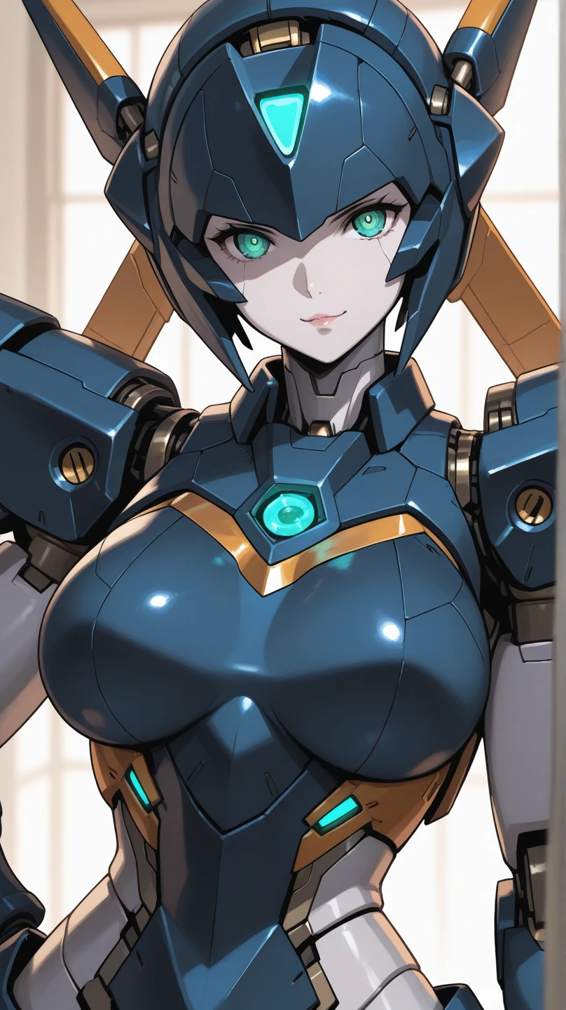 seductive smile, (aged_up), solo mature 1girl, short hair, upper body,  mecha musume, robot joints, mechanical parts, upper body, simple background  <lyco:Tezuka:1.0> artwork, seductive smile, <lora:mecha_offset:1>  mecha, bodysuit, robot joints,  full armor, contrapposto, sexually suggestive,