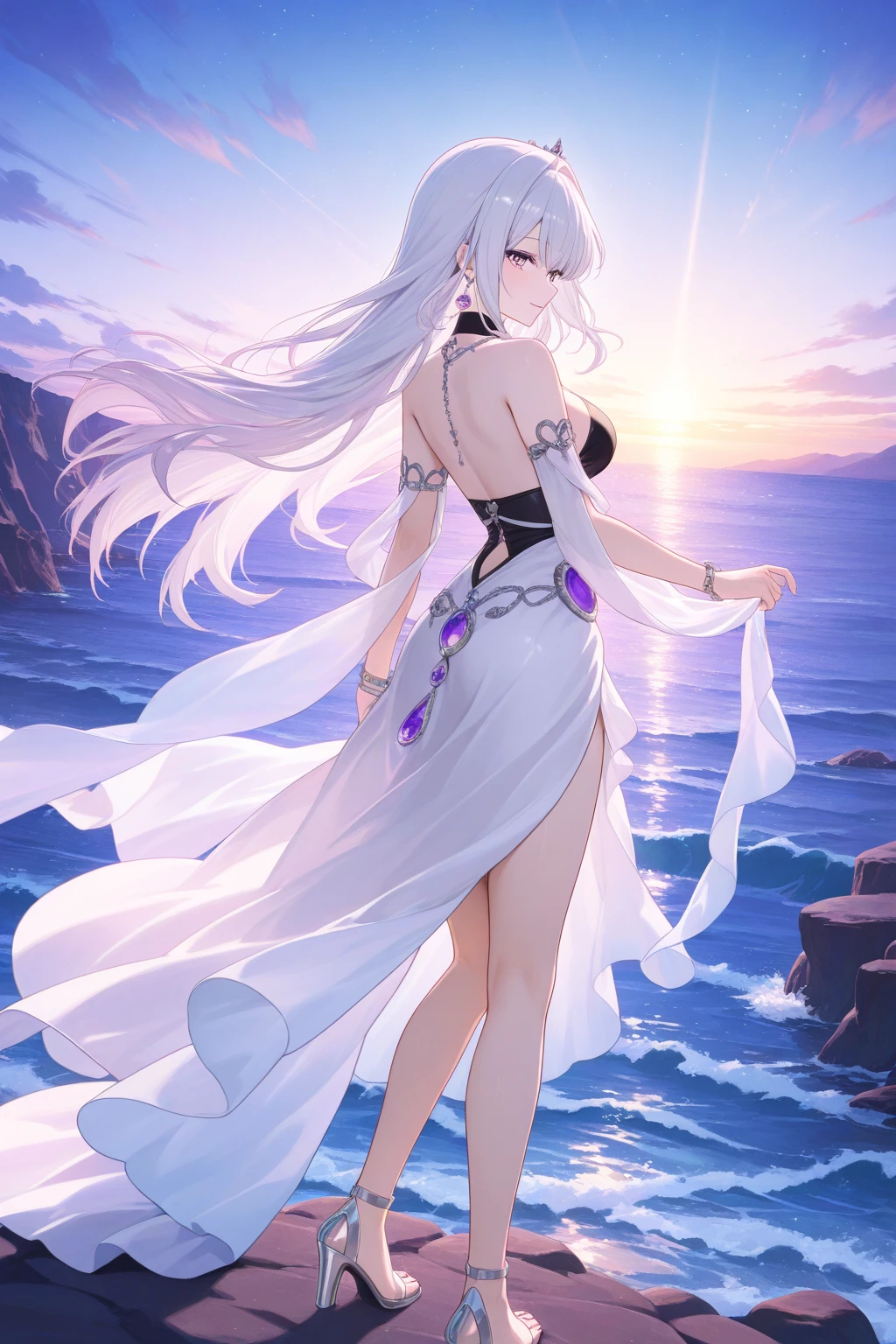 Emilia re:zero, purple eyes, Emilia, crown braid, x hair ornament, flower hair ornament, white hair, long hair, medium breasts,, long hair, gown, navel, cleavage, medium breast, slim legs, sunny day